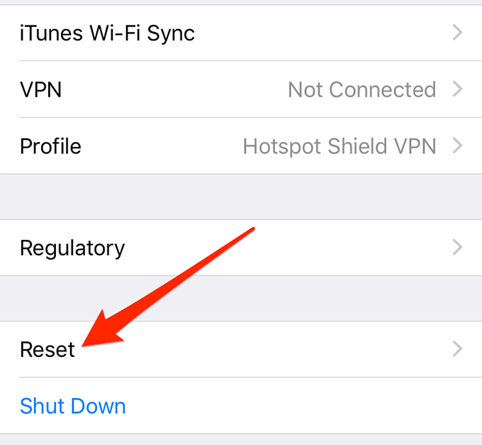 Reset menu in Settings