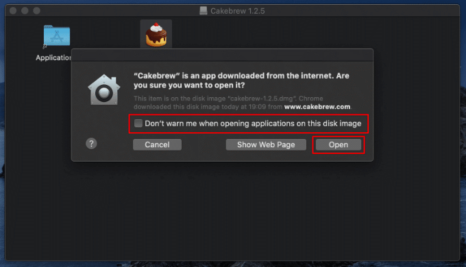 Open button with Don't warn me when opening applications on this disk image checkbox highlighted