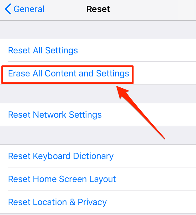 Erase All Content and Settings in Reset window