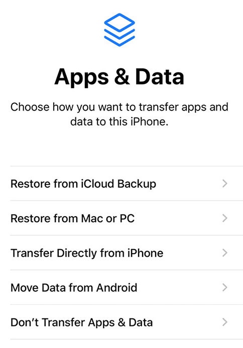 Apps & Data menu in iCloud